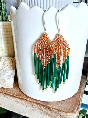 BOGO EARRINGS - Green & Gold Beaded Fringe Dangle Earrings, Seed Bead Jewelry, 3